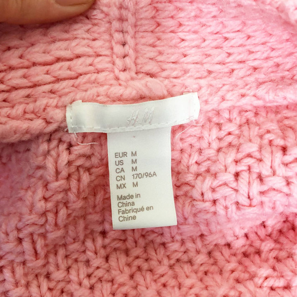 H&M | Women's Medium Coral Pink Chunky Knit Wool Cardigan Sweater Bobble Pompom - Picture 3 of 8